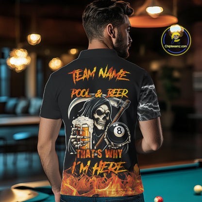 Personalized Grim Reaper Pool And Beer Flame Billiard Shirt For Men, Funny 8 Ball Pool Team Jersey TDM5014