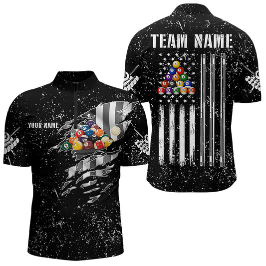 Personalized Black Grunge US Flag Billiard Balls Polo, 1/4 Zip For Men, 8 Ball Pool Billiard Jersey TDM3573