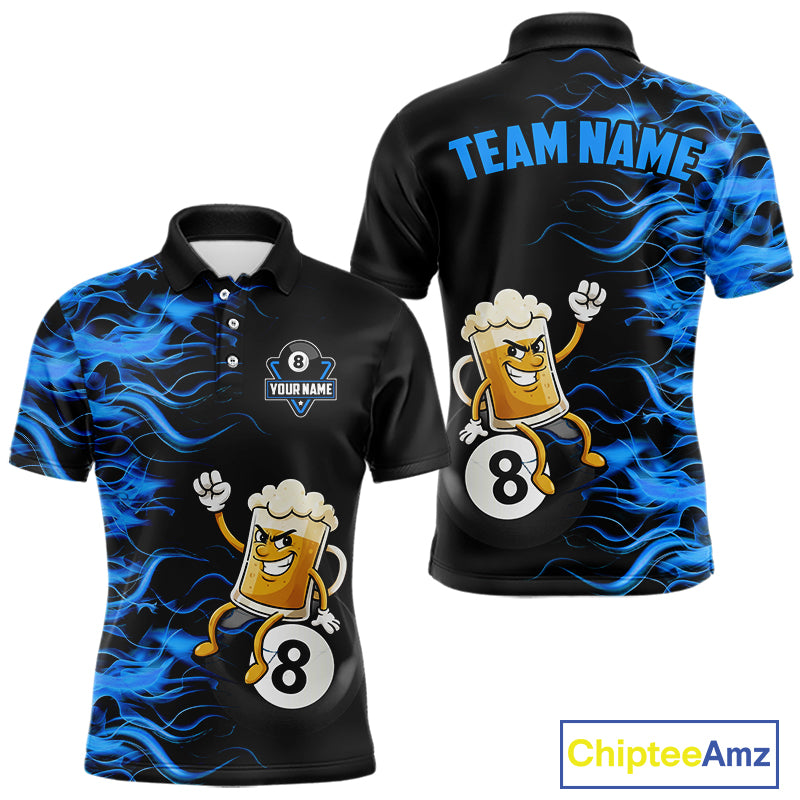 Blue Flaming Funny Beer 8 Ball Billiard Shirt For Men Custom Pool Team Jersey Polo & 1/4 Zip TDM5937