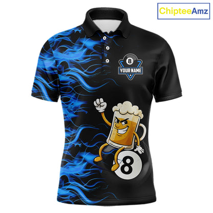 Blue Flaming Funny Beer 8 Ball Billiard Shirt For Men Custom Pool Team Jersey Polo & 1/4 Zip TDM5937