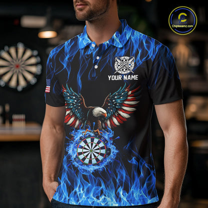 Blue Flaming American Flag Eagle Darts Shirt For Men Custom Darts Jersey Team Polo & 1/4 Zip TDM5941