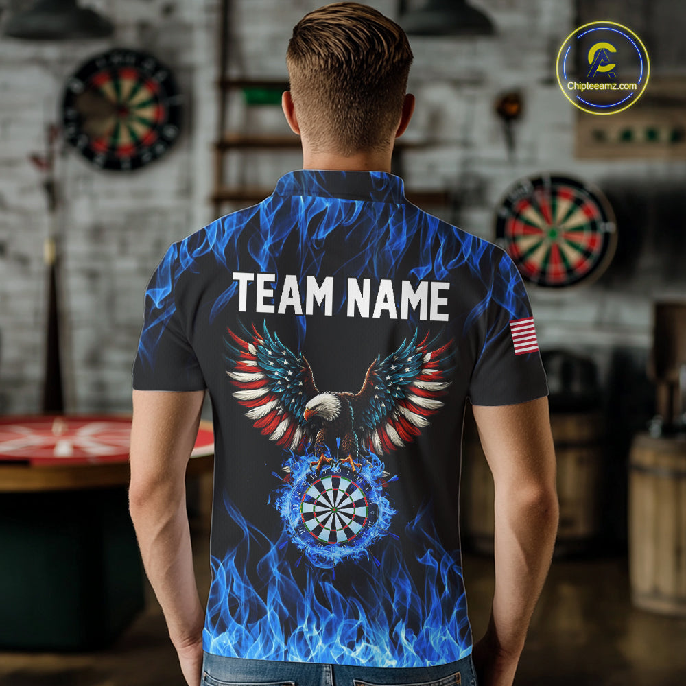 Blue Flaming American Flag Eagle Darts Shirt For Men Custom Darts Jersey Team Polo & 1/4 Zip TDM5941