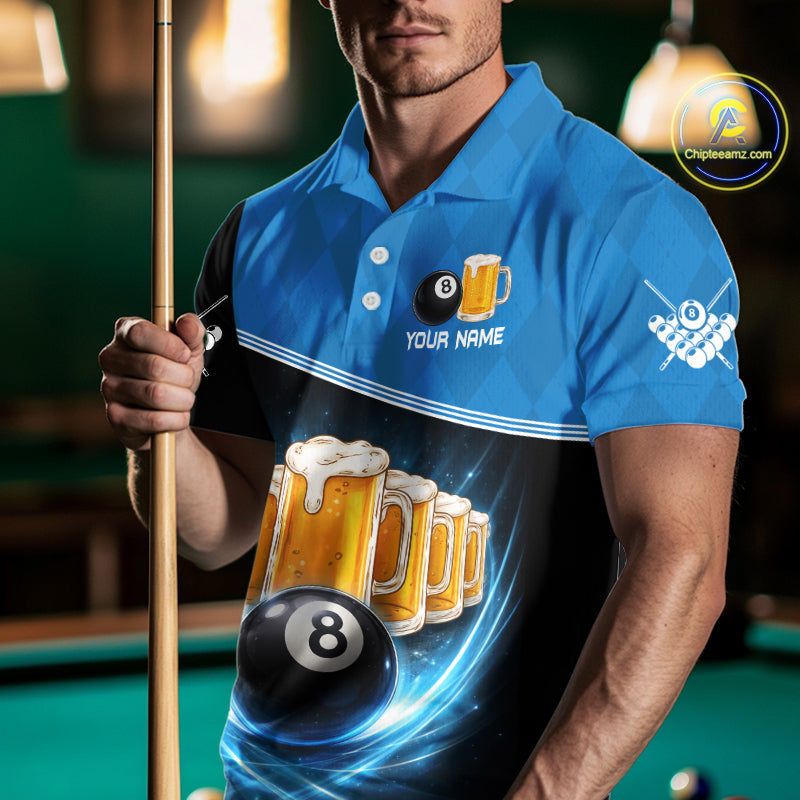 Black And Blue Funny Beer 8 Ball Billiard Jersey For Men Custom Pool Team Shirt Polo & 1/4 Zip TDM5942