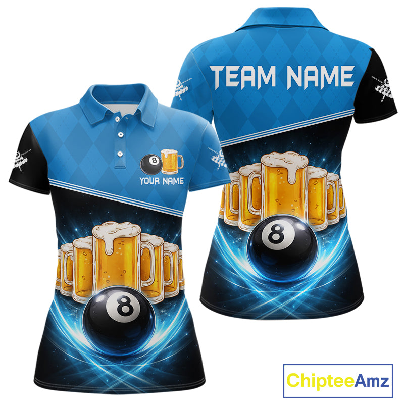 Black And Blue Funny Beer 8 Ball Billiard Jersey For Women Custom Pool Team Shirt Polo & 1/4 Zip TDM5942