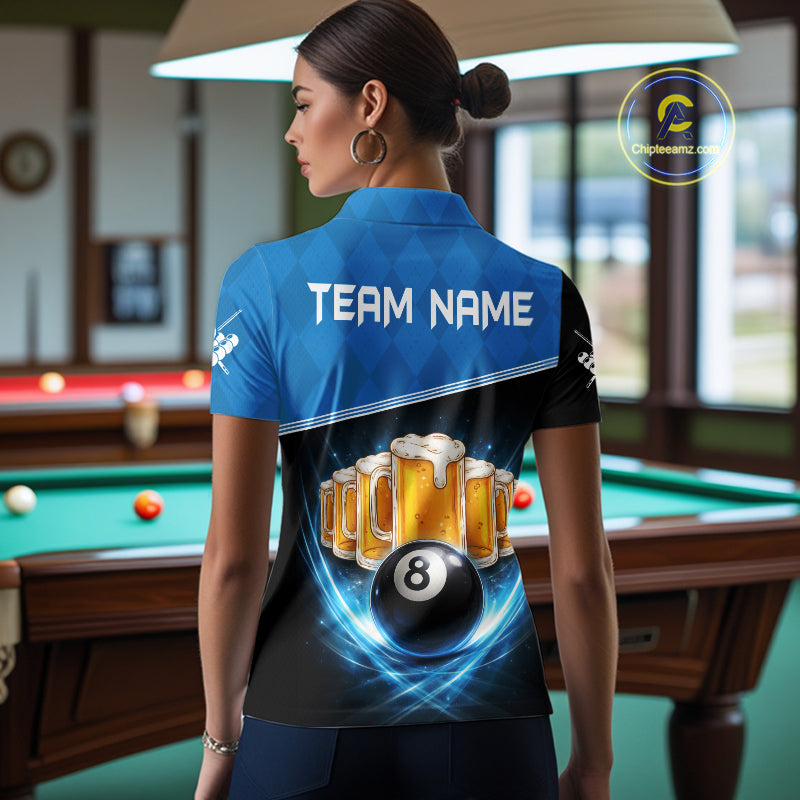 Black And Blue Funny Beer 8 Ball Billiard Jersey For Women Custom Pool Team Shirt Polo & 1/4 Zip TDM5942