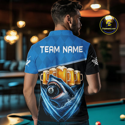 Blue Funny Beer Shark 8 Ball Billiard Jersey For Men Custom Pool Team Shirt Polo & 1/4 Zip TDM5943