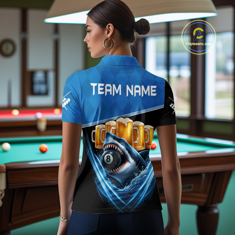 Blue Funny Beer Shark 8 Ball Billiard Jersey For Women Custom Pool Team Shirt Polo & 1/4 Zip TDM5943