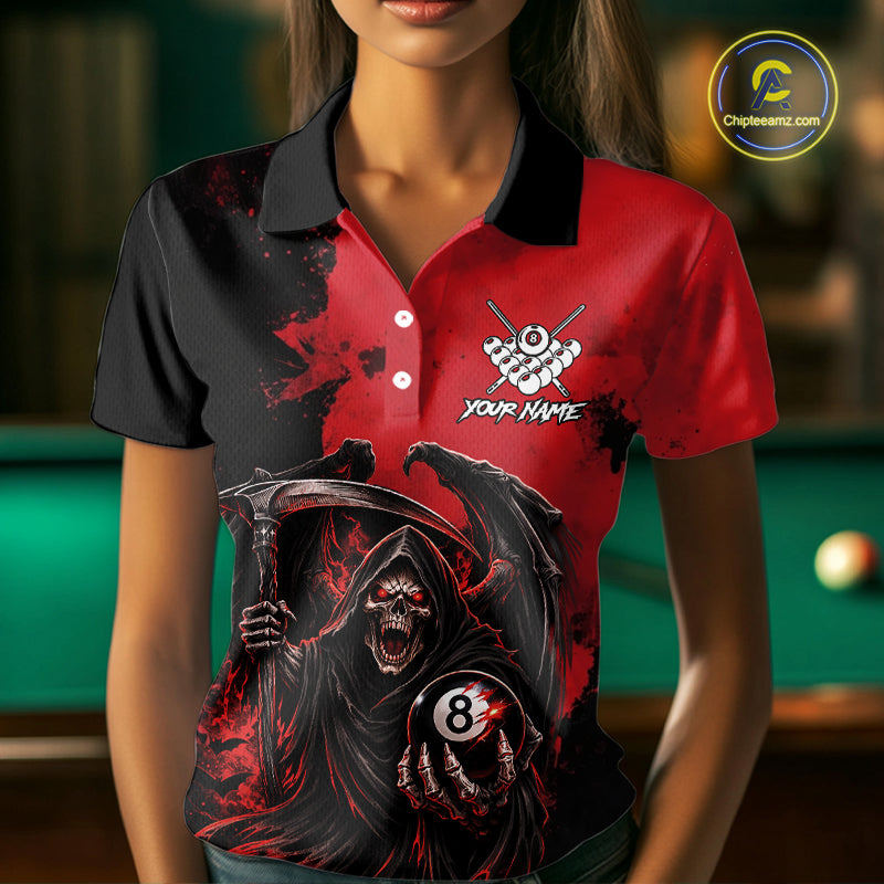 Red Grim Reaper 8 Ball Billiard Shirt For Women Custom Skull Pool Team Jersey Polo & 1/4 Zip TDM6102