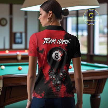 Red Grim Reaper 8 Ball Billiard Shirt For Women Custom Skull Pool Team Jersey Polo & 1/4 Zip TDM6102