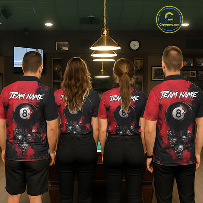 Red Grim Reaper 8 Ball Billiard Shirt For Women Custom Skull Pool Team Jersey Polo & 1/4 Zip TDM6102