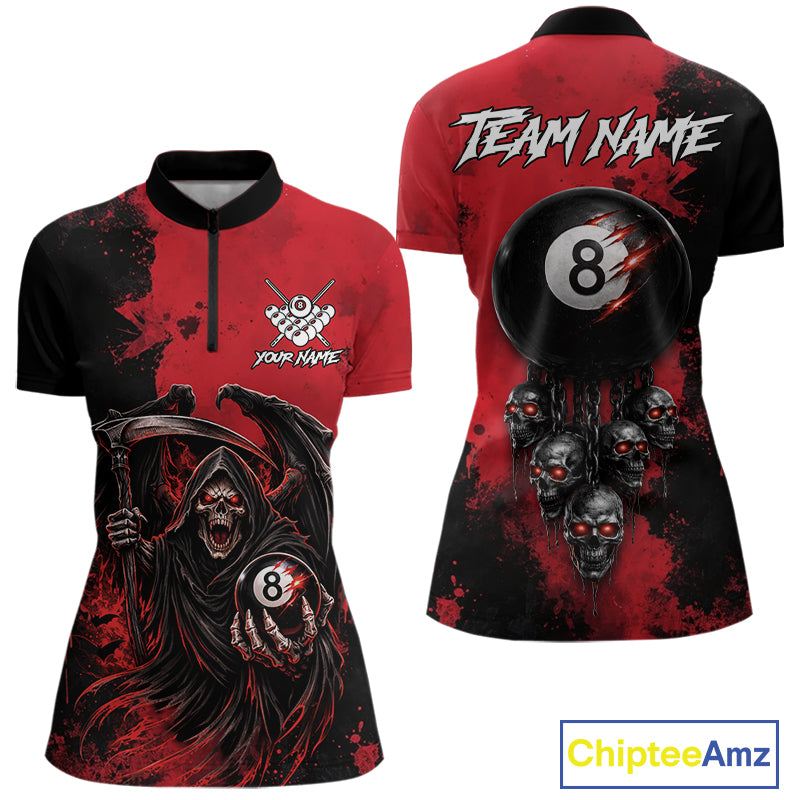 Red Grim Reaper 8 Ball Billiard Shirt For Women Custom Skull Pool Team Jersey Polo & 1/4 Zip TDM6102