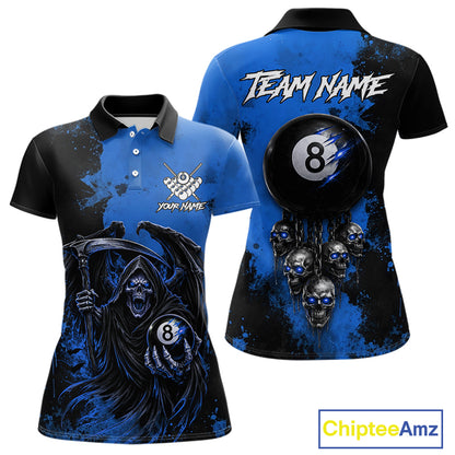 Blue Grim Reaper 8 Ball Billiard Shirt For Women Custom Skull Pool Team Jersey Polo & 1/4 Zip TDM6103
