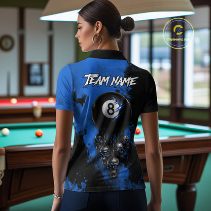 Blue Grim Reaper 8 Ball Billiard Shirt For Women Custom Skull Pool Team Jersey Polo & 1/4 Zip TDM6103