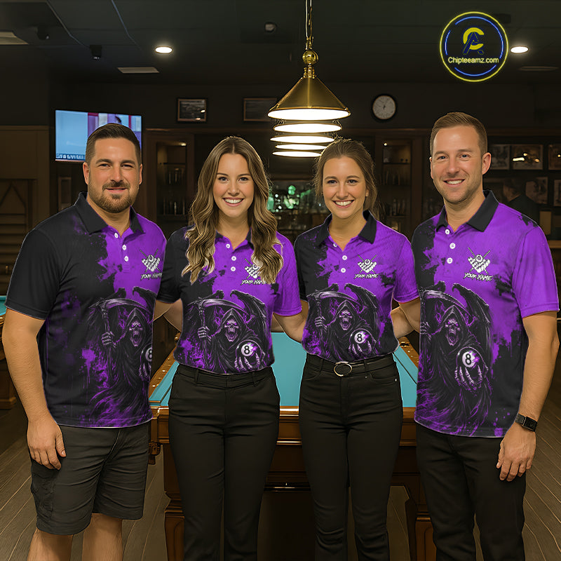 Purple Grim Reaper 8 Ball Billiard Shirt For Women Custom Skull Pool Team Jersey Polo & 1/4 Zip TDM6104