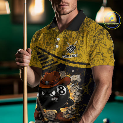 Yellow Grunge Funny 8 Ball Billiard Shirt For Men Custom Pool Team Jersey Polo & 1/4 Zip TDM6355