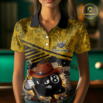 Yellow Grunge Funny 8 Ball Billiard Shirt For Women Custom Pool Team Jersey Polo & 1/4 Zip TDM6355