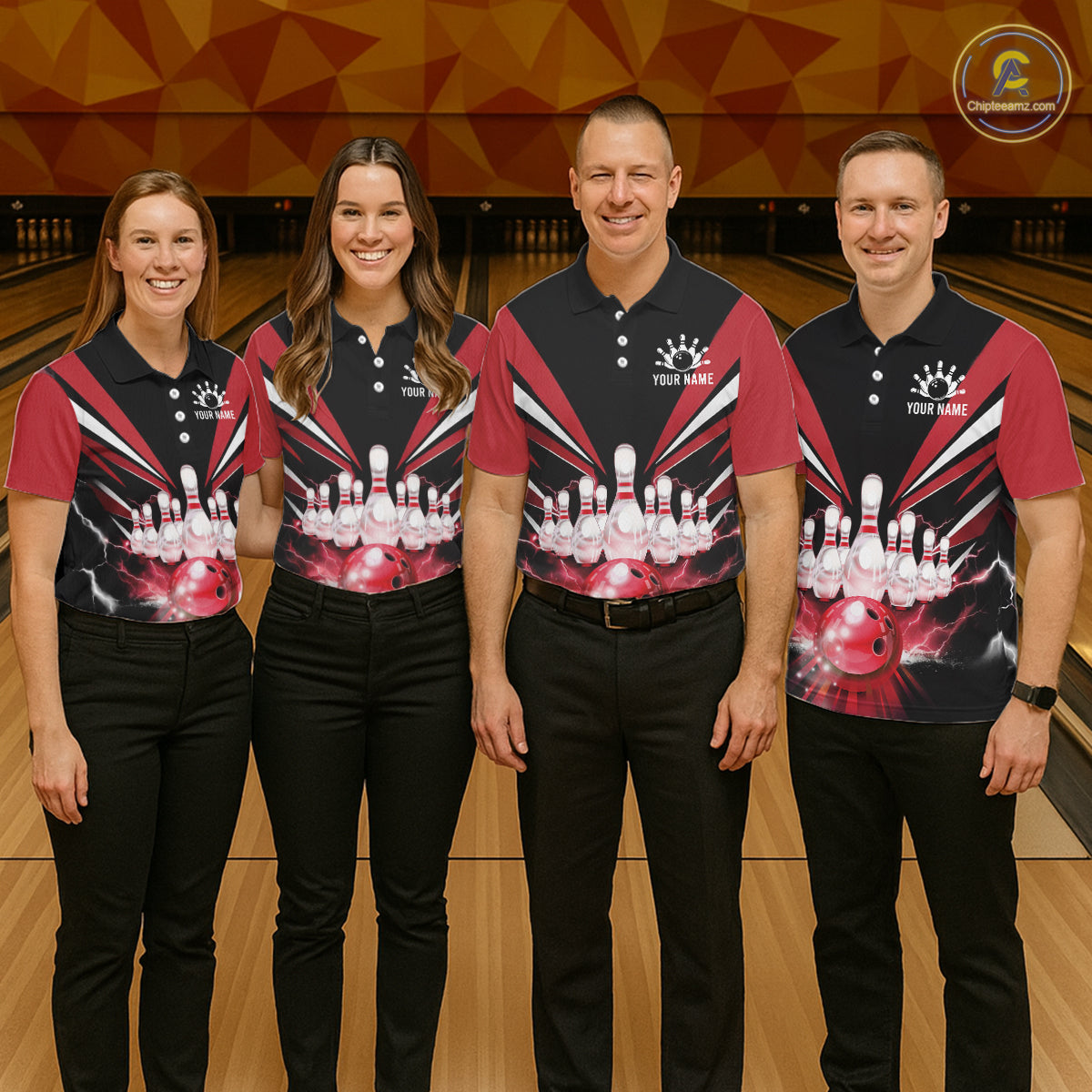 Black And Red Bowling Jersey For Women Custom Strike Lightning Bowling Team Jersey Polo & 1/4 Zip TDM6357