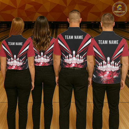Black And Red Bowling Jersey For Women Custom Strike Lightning Bowling Team Jersey Polo & 1/4 Zip TDM6357