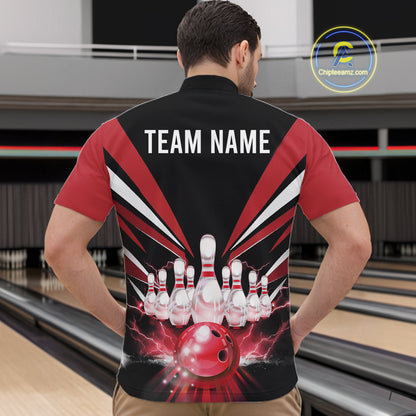 Black And Red Bowling Jersey For Men Custom Strike Lightning Bowling Team Jersey Polo & 1/4 Zip TDM6357