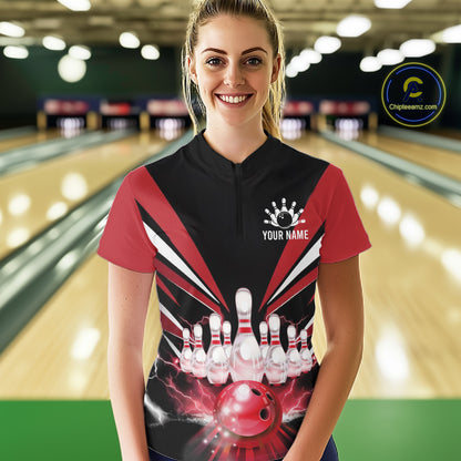 Black And Red Bowling Jersey For Women Custom Strike Lightning Bowling Team Jersey Polo & 1/4 Zip TDM6357