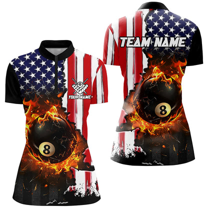 American Flag 8 Ball Pool Fire Break Glass Custom Women Billiard Shirts, Patriotic Billiard Jerseys TDM1829