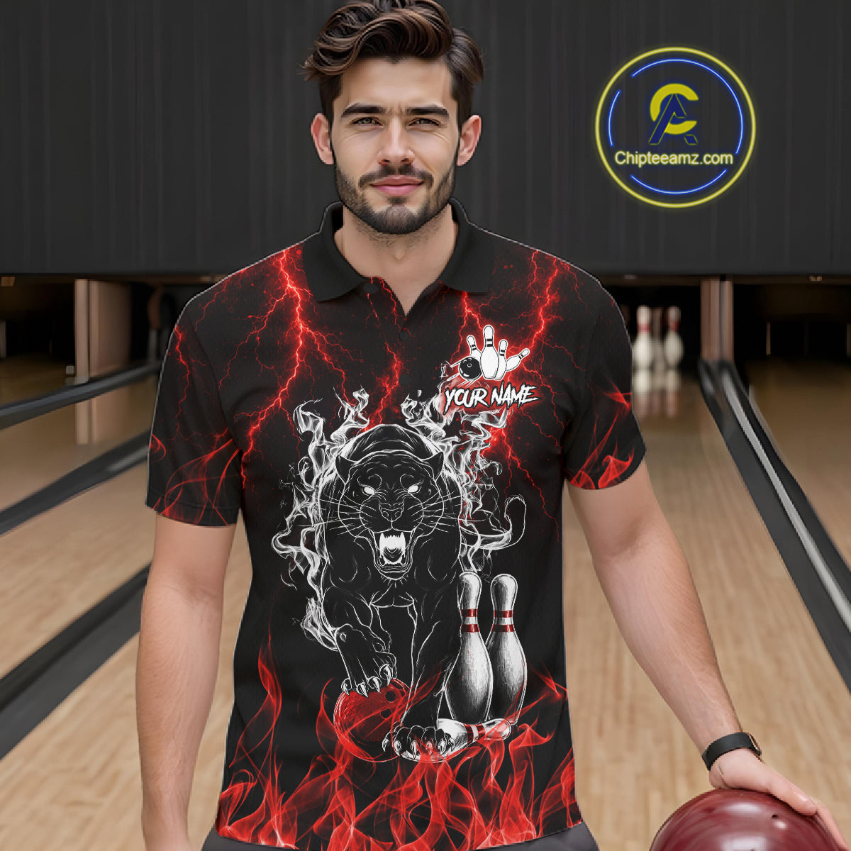 Man wearing a red flaming panther bowling polo shirt at a bowling alley front view.