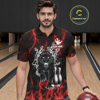 Man wearing a red flaming panther bowling polo shirt at a bowling alley front view.