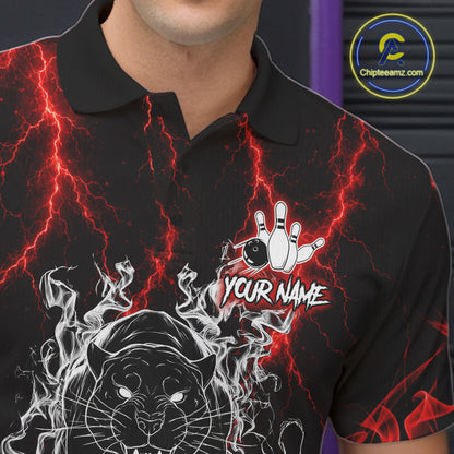 Close-up of a red flaming panther bowling polo shirt collar, buttons, and panther artwork details.