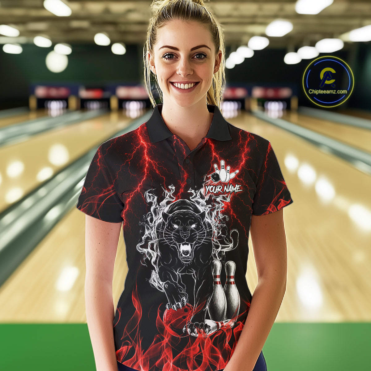Woman wearing a red flaming panther bowling polo shirt at a bowling alley front view.