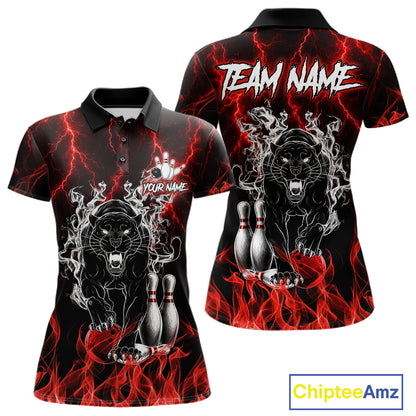 Red flaming panther bowling polo shirt for women with custom bowling team graphics.