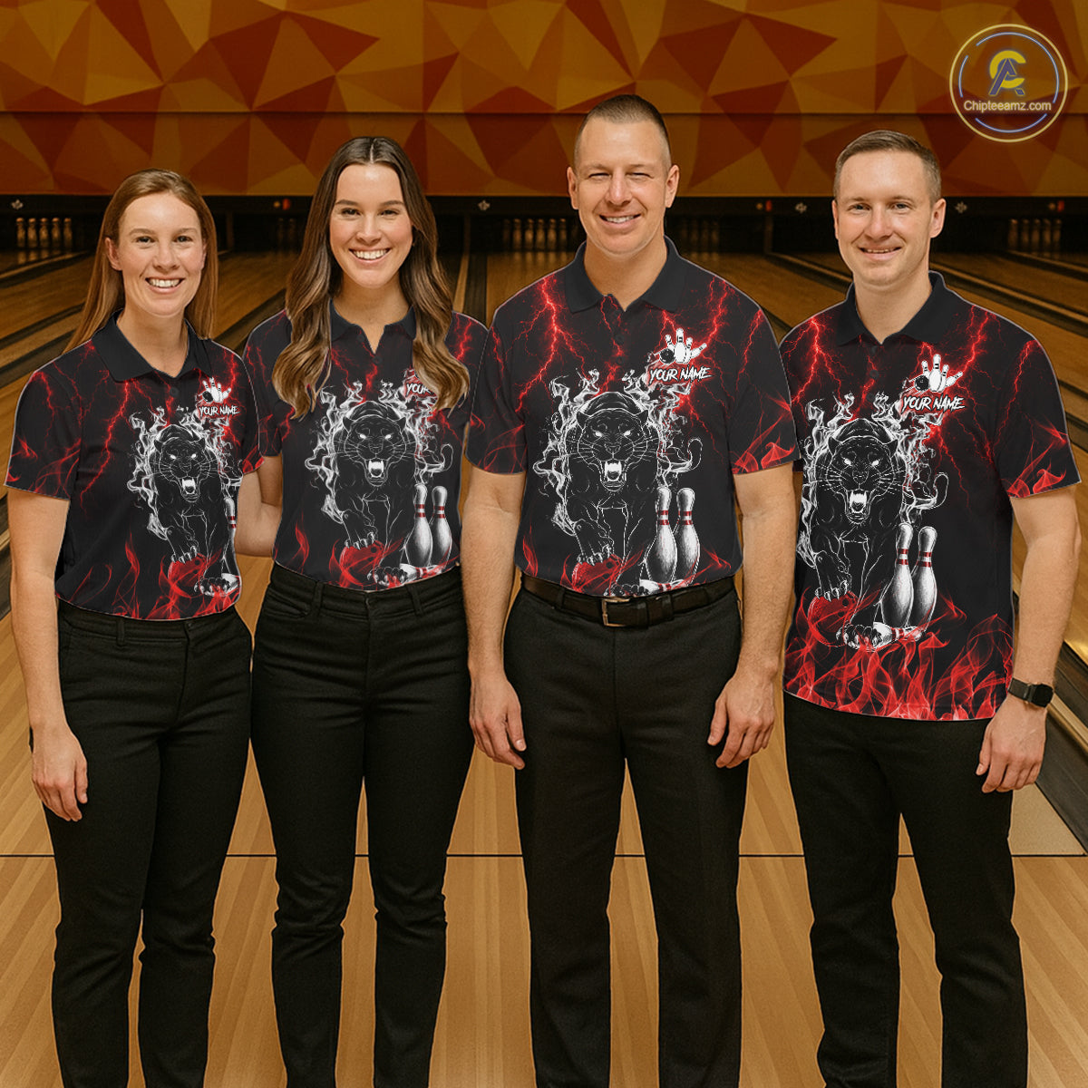 Bowling team wearing matching red flaming panther bowling jerseys during league matches front view.
