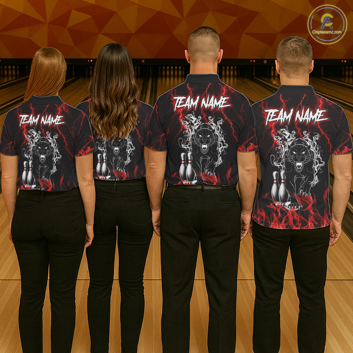 Back view of bowling team wearing matching red panther bowling shirts in a bowling alley.