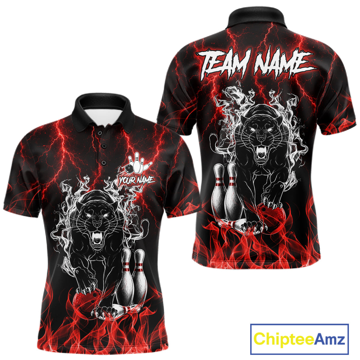 Red flaming panther bowling polo shirt for men with custom bowling team graphics.