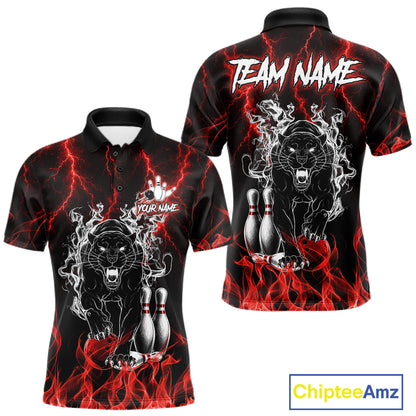 Red flaming panther bowling polo shirt for men with custom bowling team graphics.