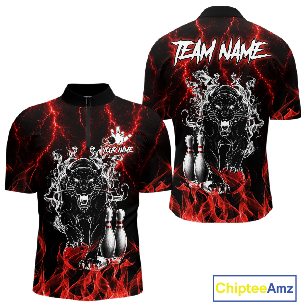Red flaming panther bowling quarter zip shirt for men designed for league tournaments and team events.