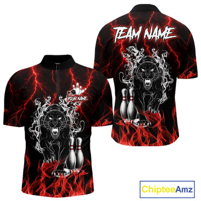 Red flaming panther bowling quarter zip shirt for men designed for league tournaments and team events.