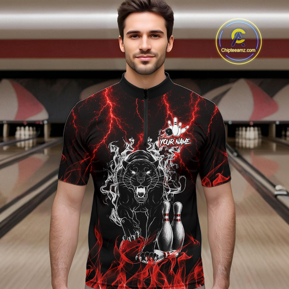 Man wearing a red flaming panther bowling quarter zip jersey during league competition front view.