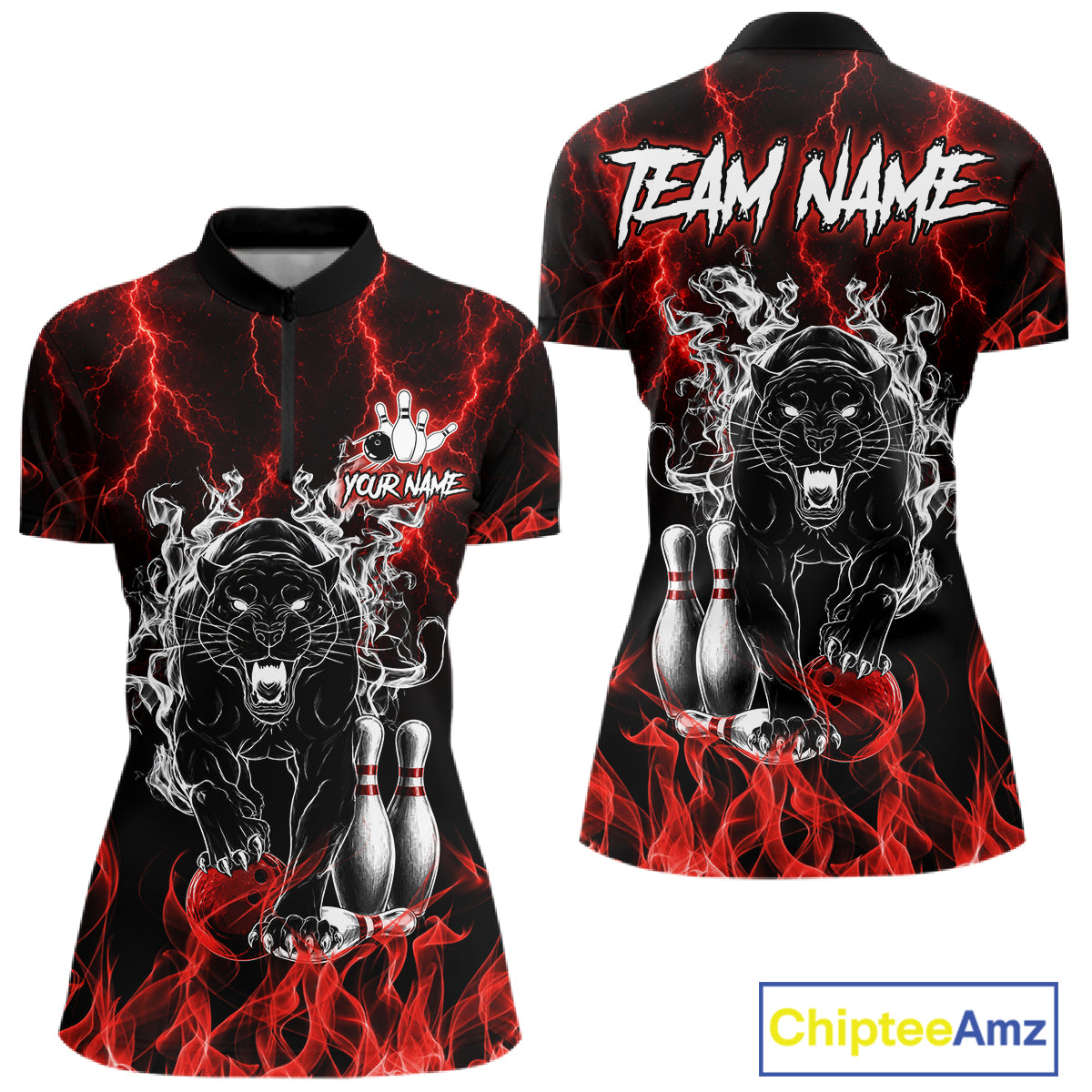 Red flaming panther bowling quarter zip shirt for women designed for league tournaments and team events.