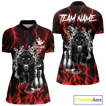 Red flaming panther bowling quarter zip shirt for women designed for league tournaments and team events.