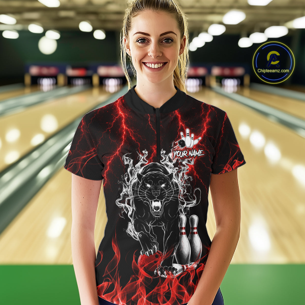 Woman wearing a red flaming panther bowling quarter zip jersey during league competition front view.