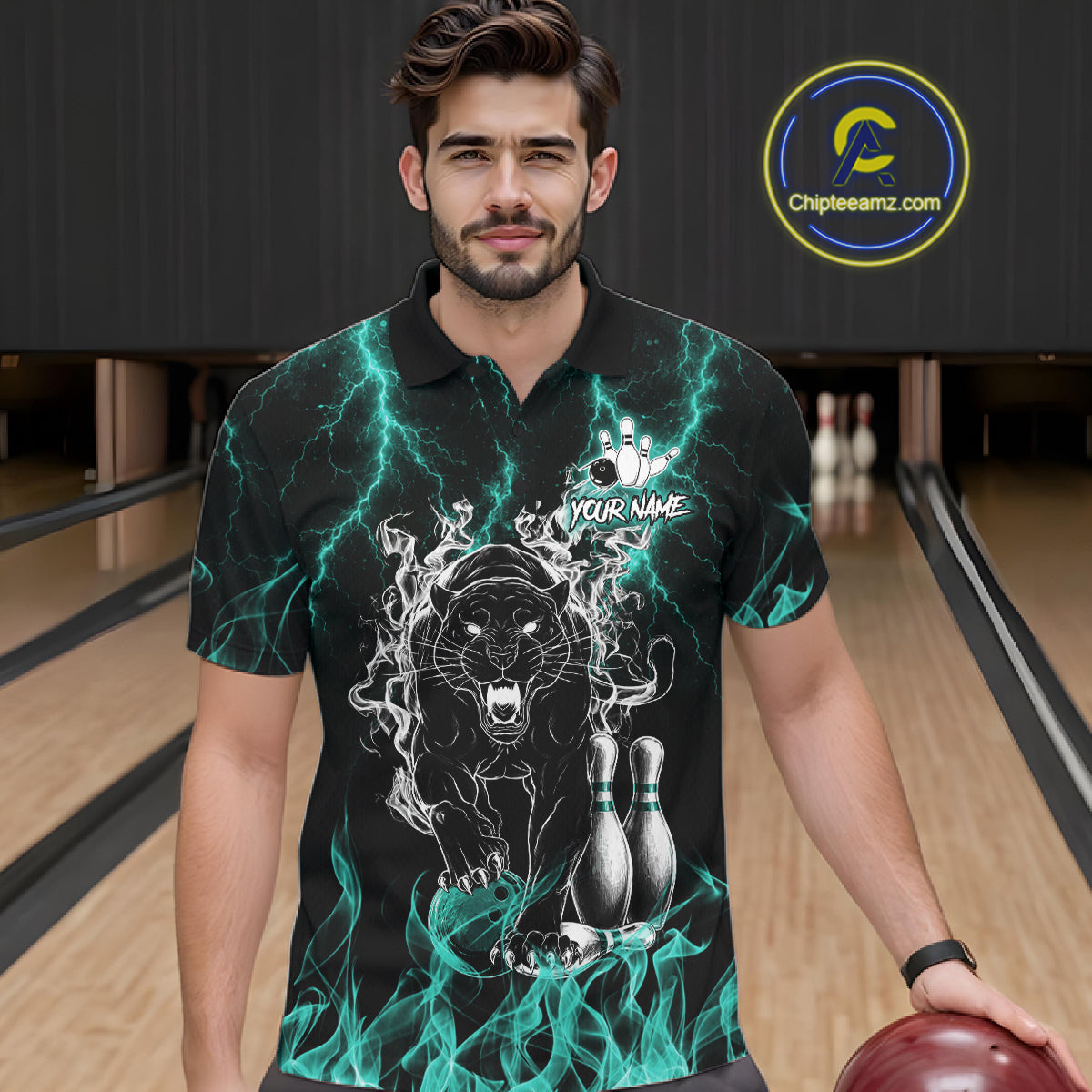 Man wearing a turquoise flaming panther bowling polo shirt at a bowling alley front view.