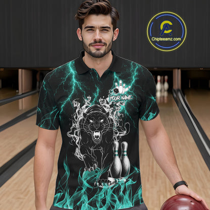 Man wearing a turquoise flaming panther bowling polo shirt at a bowling alley front view.