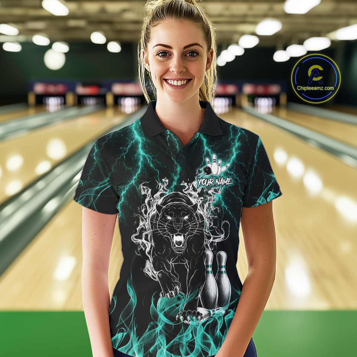 Woman wearing a turquoise flaming panther bowling polo shirt at a bowling alley front view.