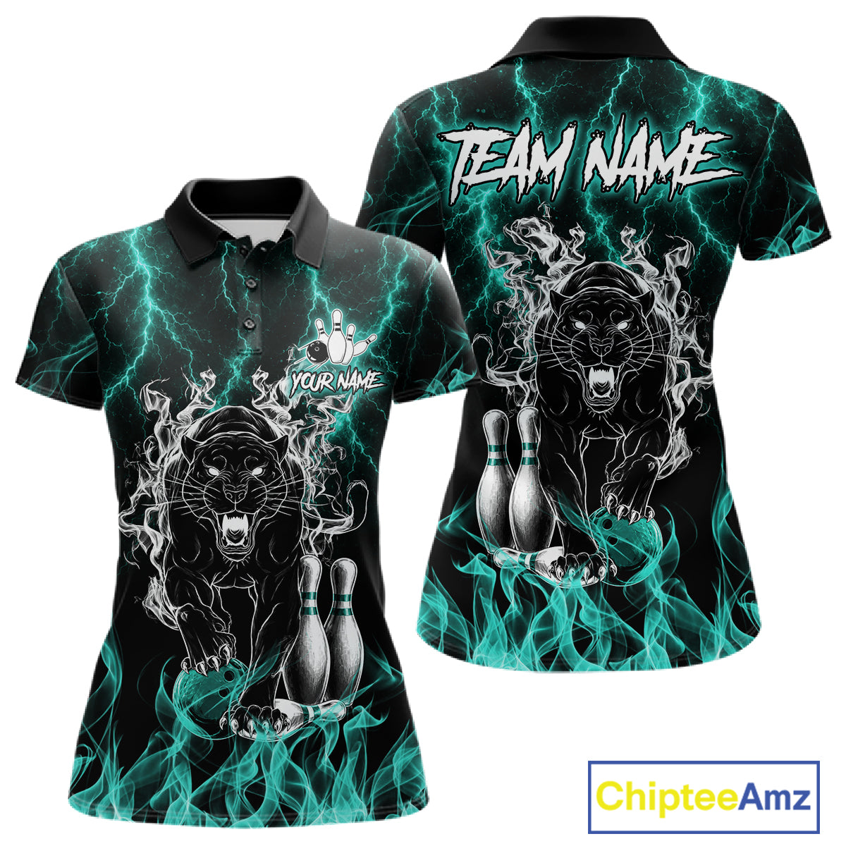 Turquoise flaming panther bowling polo shirt for women with custom bowling team graphics.