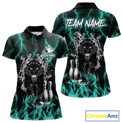 Turquoise flaming panther bowling polo shirt for women with custom bowling team graphics.