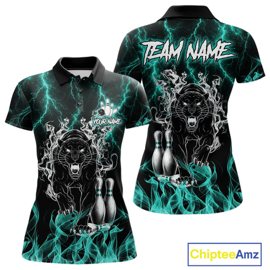 Turquoise flaming panther bowling polo shirt for women with custom bowling team graphics.