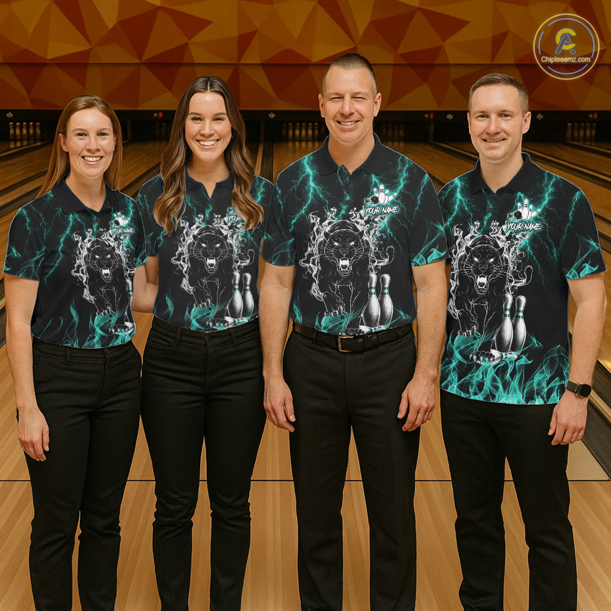 Bowling team wearing matching turquoise flaming panther bowling jerseys during league matches front view.