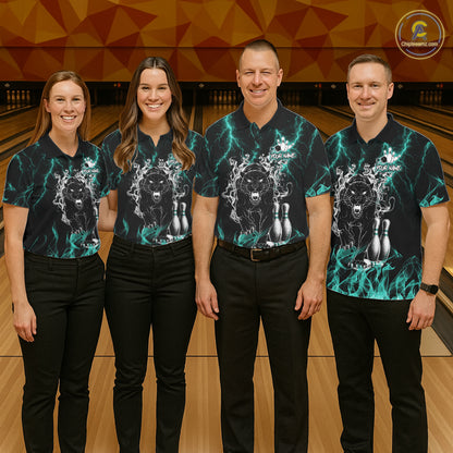 Bowling team wearing matching turquoise flaming panther bowling jerseys during league matches front view.