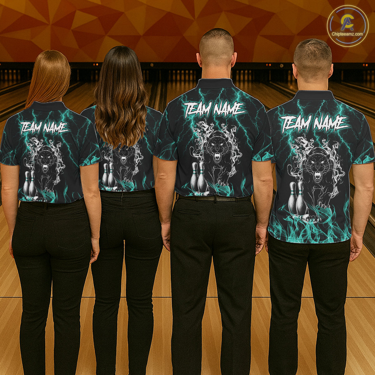 Back view of bowling team wearing matching turquoise panther bowling shirts in a bowling alley.