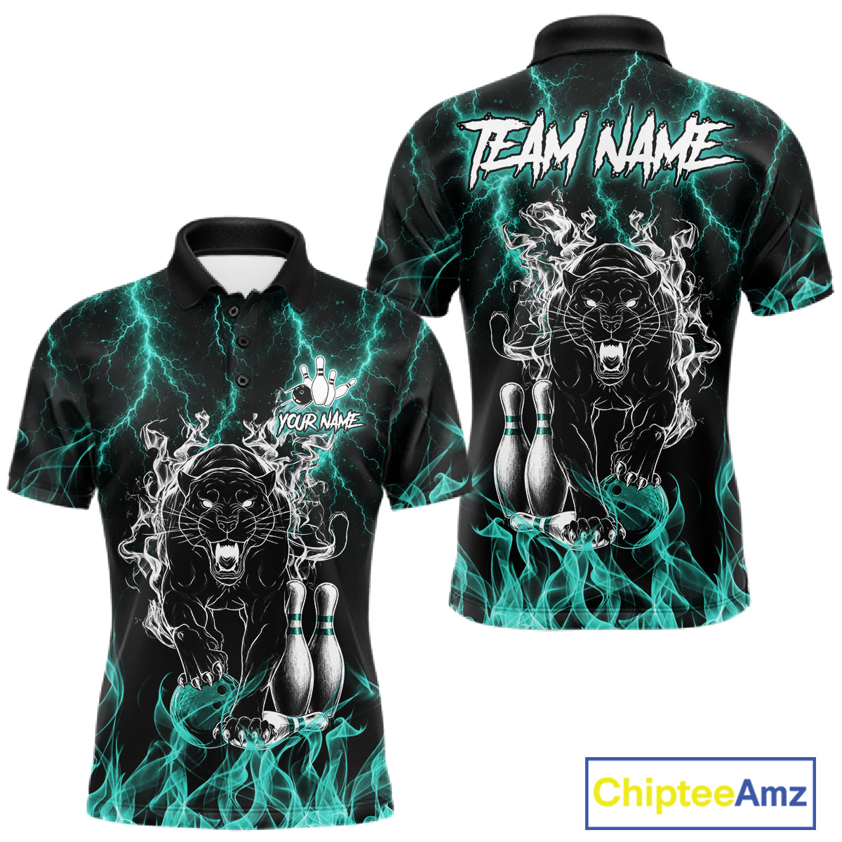 Turquoise flaming panther bowling polo shirt for men with custom bowling team graphics.